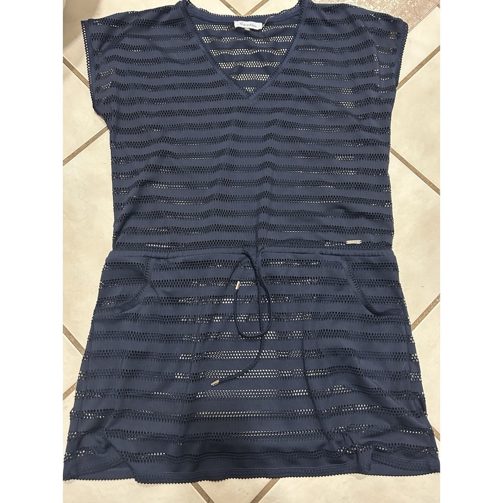 Calvin Klein NWT Swim Cover Up Dress Navy Mesh Drawstring Beach S/M Pockets